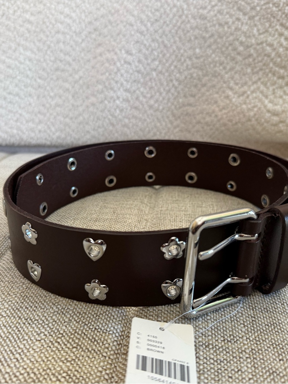 Anthropologie Dark Brown Leather Belt with Silver Heart & Flower Studs NWT - Picture 2 of 5